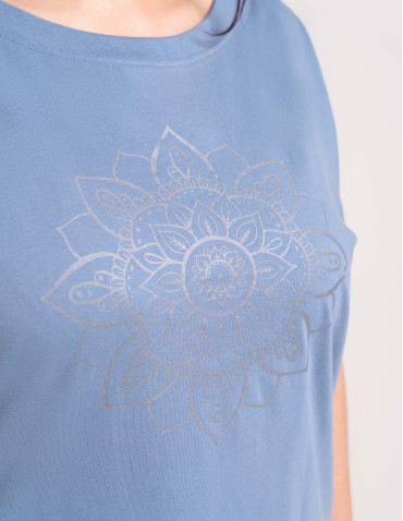 Bluzki z krótkim rękawem - Bluzka damska kimono bawełniana krój boxy z opadającym rękawem delikatny nadruk kwiatowy luźny t-shirt damski BLUE - produkt 6