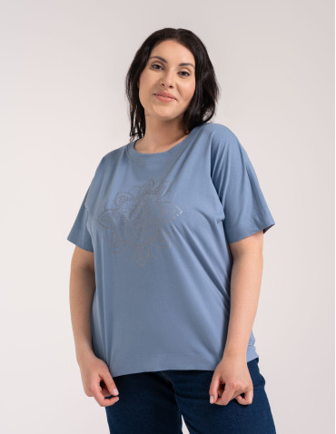 Bluzki z krótkim rękawem - Bluzka damska kimono bawełniana krój boxy z opadającym rękawem delikatny nadruk kwiatowy luźny t-shirt damski BLUE - produkt 8