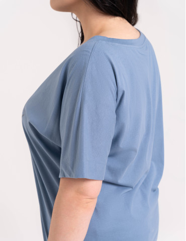 Bluzki z krótkim rękawem - Bluzka damska kimono bawełniana krój boxy z opadającym rękawem delikatny nadruk kwiatowy luźny t-shirt damski BLUE - produkt 10
