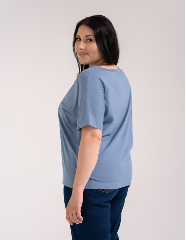 Bluzki z krótkim rękawem - Bluzka damska kimono bawełniana krój boxy z opadającym rękawem delikatny nadruk kwiatowy luźny t-shirt damski BLUE - produkt 11