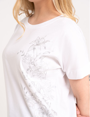 Bluzki z krótkim rękawem - Bluzka damska kimono bawełniana krój boxy z opadającym rękawem delikatny nadruk kwiatowy luźny t-shirt damski BIAŁY - produkt 2