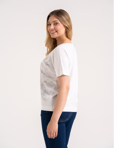 Bluzki z krótkim rękawem - Bluzka damska kimono bawełniana krój boxy z opadającym rękawem delikatny nadruk kwiatowy luźny t-shirt damski BIAŁY - produkt 5