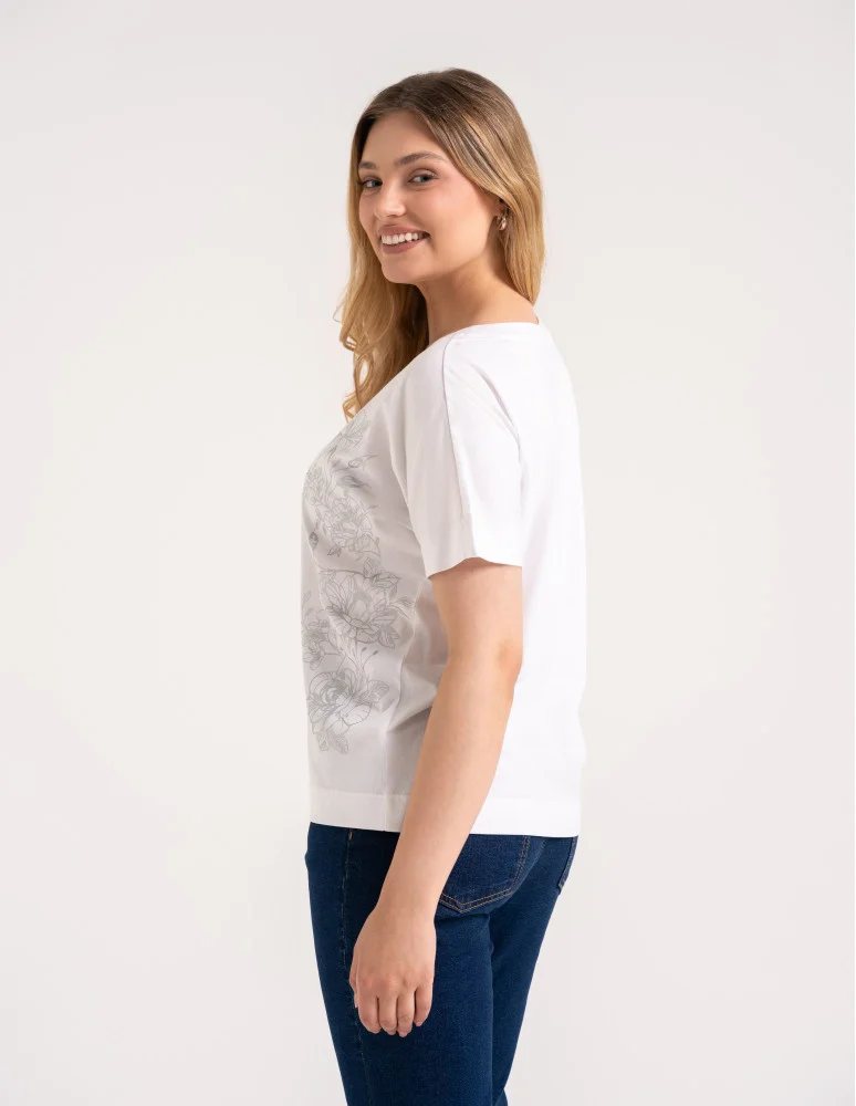 Bluzki z krótkim rękawem - Bluzka damska kimono bawełniana krój boxy z opadającym rękawem delikatny nadruk kwiatowy luźny t-shirt damski BIAŁY - produkt moraj.pl 5