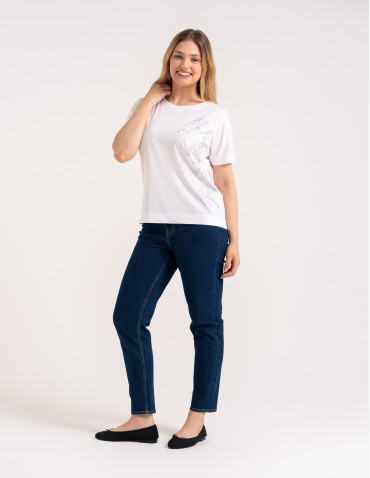 Bluzki z krótkim rękawem - Bluzka damska kimono bawełniana krój boxy z opadającym rękawem delikatny nadruk kwiatowy luźny t-shirt damski BIAŁY - produkt 6