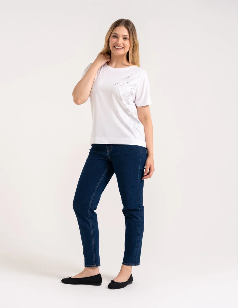 Bluzki z krótkim rękawem - Bluzka damska kimono bawełniana krój boxy z opadającym rękawem delikatny nadruk kwiatowy luźny t-shirt damski BIAŁY - produkt moraj.pl 6