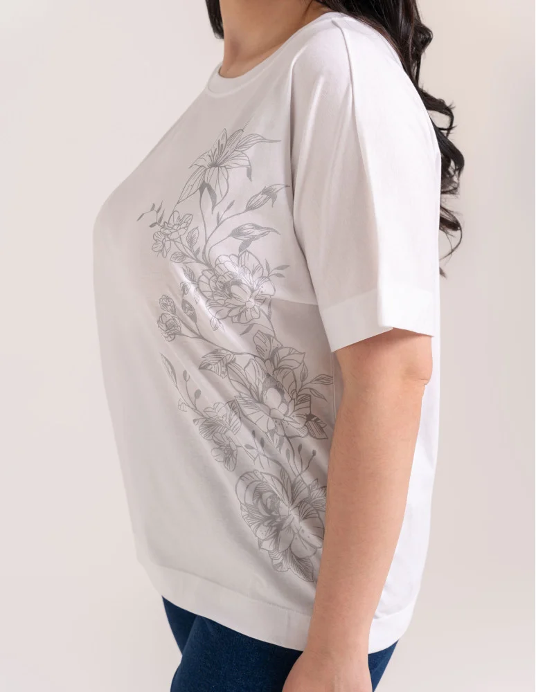 Bluzki z krótkim rękawem - Bluzka damska kimono bawełniana krój boxy z opadającym rękawem delikatny nadruk kwiatowy luźny t-shirt damski BIAŁY - produkt moraj.pl 8