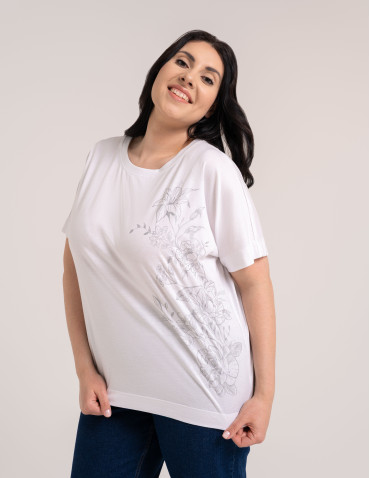 Bluzki z krótkim rękawem - Bluzka damska kimono bawełniana krój boxy z opadającym rękawem delikatny nadruk kwiatowy luźny t-shirt damski BIAŁY - produkt 7