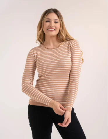 Sweter damski z wiskozy w paski i okrągłym dekoltem - WZÓR 5