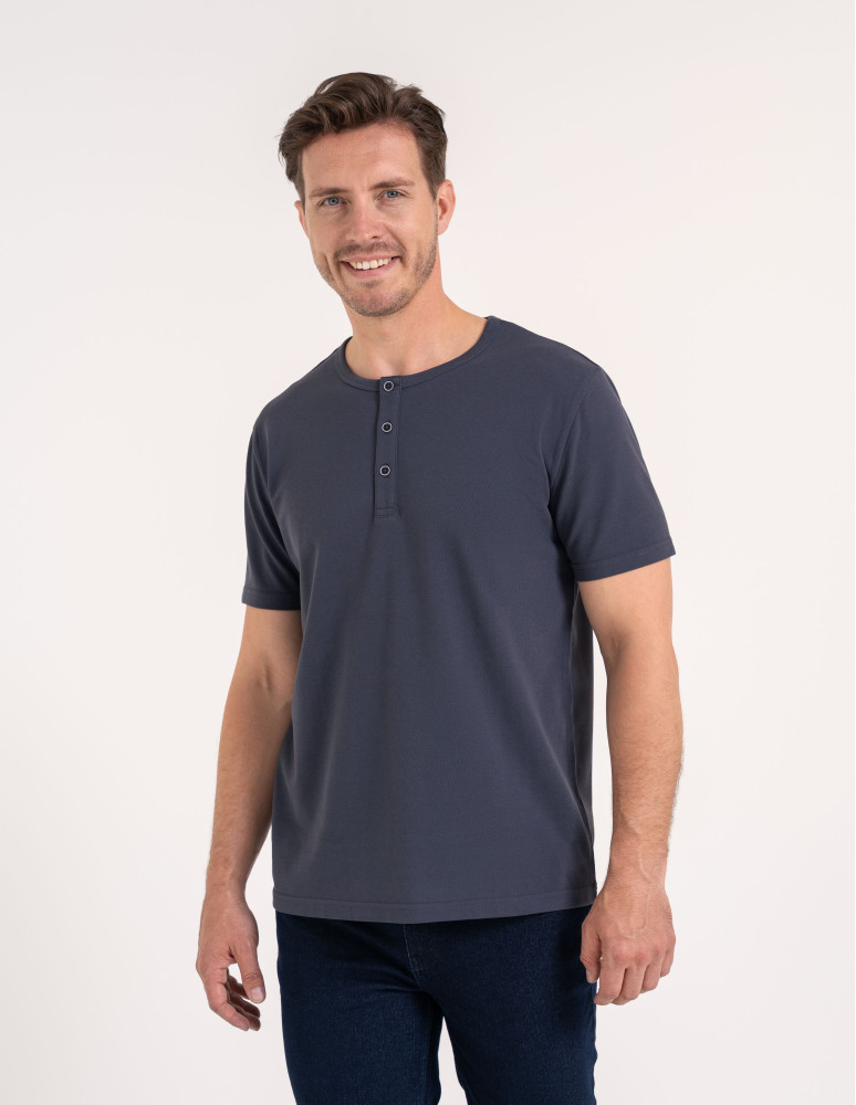 T-shirt męski bawełniany z guzikami henley koszulka z krótkim rękawem GRAFITOWY