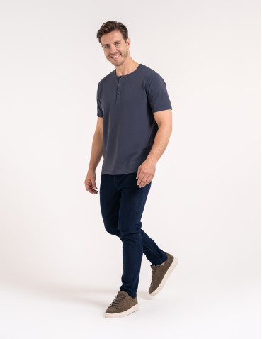 Koszulki z krótkim rękawem - T-shirt męski bawełniany z guzikami henley koszulka z krótkim rękawem GRAFITOWY - produkt 4