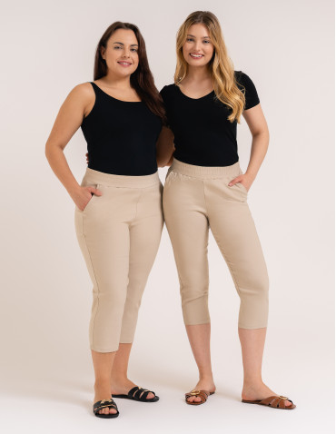 Spodnie eleganckie - Spodnie damskie capri z kieszeniami i wygodnym pasem BEŻOWY - produkt 5