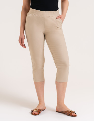 Spodnie eleganckie - Spodnie damskie capri z kieszeniami i wygodnym pasem BEŻOWY - produkt 7