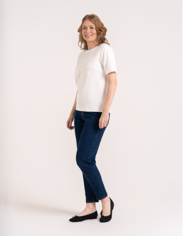Bluzki z krótkim rękawem - Bluzka damska oversize bawełniana z aplikacją kwiatową krótki rękaw wygodny luźny t-shirt damski BIAŁY - produkt 2