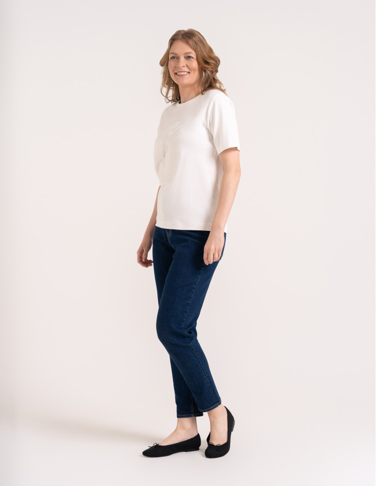 Bluzki z krótkim rękawem - Bluzka damska oversize bawełniana z aplikacją kwiatową krótki rękaw wygodny luźny t-shirt damski BIAŁY  - produkt moraj.pl 2