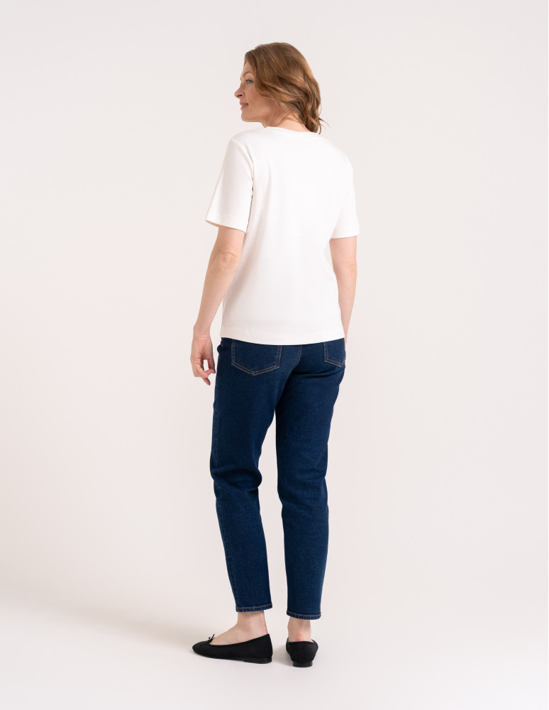 Bluzki z krótkim rękawem - Bluzka damska oversize bawełniana z aplikacją kwiatową krótki rękaw wygodny luźny t-shirt damski BIAŁY  - produkt moraj.pl 3