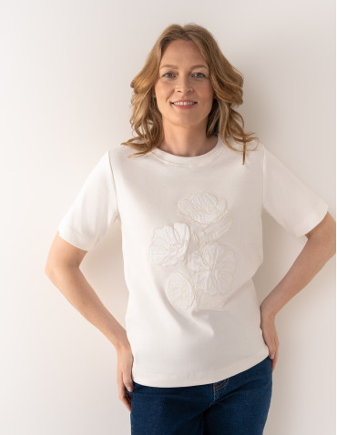 Bluzki z krótkim rękawem - Bluzka damska oversize bawełniana z aplikacją kwiatową krótki rękaw wygodny luźny t-shirt damski BIAŁY - produkt 4