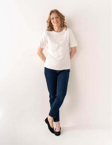 Bluzki z krótkim rękawem - Bluzka damska oversize bawełniana z aplikacją kwiatową krótki rękaw wygodny luźny t-shirt damski BIAŁY - produkt 5