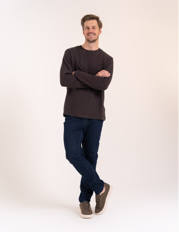 Męski longsleeve bawełniany 100% z długim rękawem o waflowej strukturze - BRĄZOWY