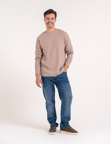 Męski longsleeve bawełniany 100% z długim rękawem o waflowej strukturze - BEŻOWY