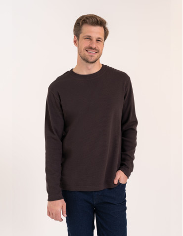Męski longsleeve bawełniany 100% z długim rękawem o waflowej strukturze - BRĄZOWY - produkt 2