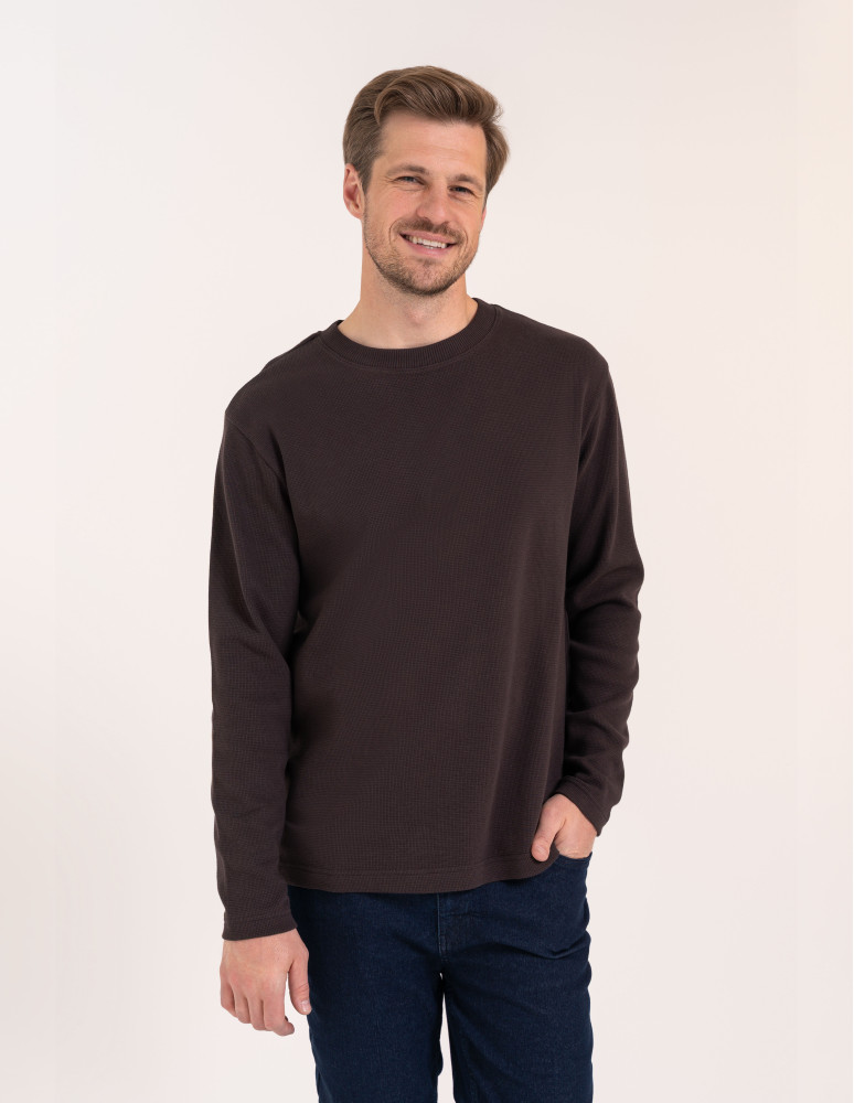 Koszulki z długim rękawem - Męski longsleeve bawełniany 100% z długim rękawem o waflowej strukturze BRĄZOWY  - produkt moraj.pl 2
