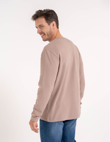 Koszulki z długim rękawem - Męski longsleeve bawełniany 100% z długim rękawem o waflowej strukturze BEŻOWY - produkt 7