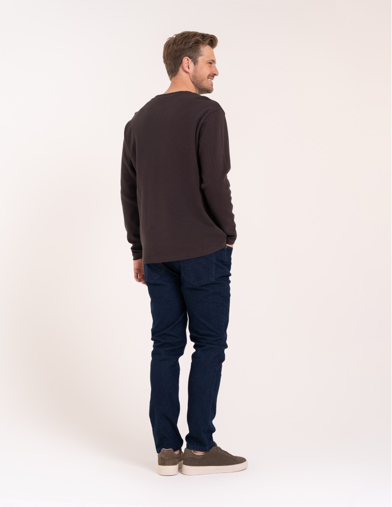 Koszulki z długim rękawem - Męski longsleeve bawełniany 100% z długim rękawem o waflowej strukturze BRĄZOWY  - produkt moraj.pl 4