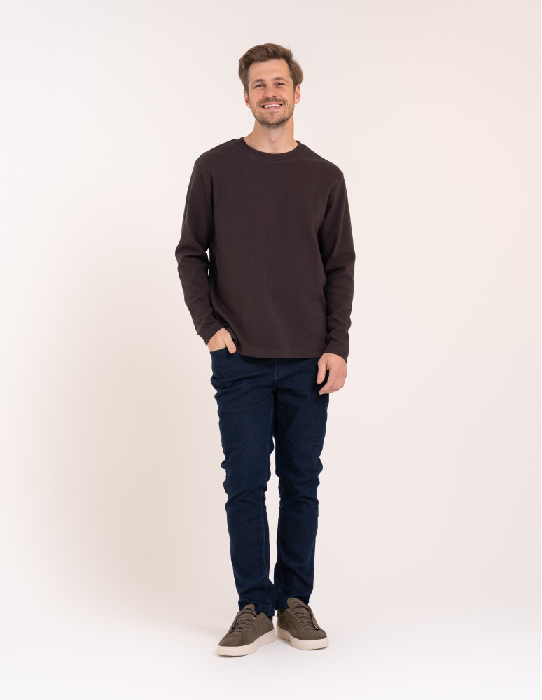 Koszulki z długim rękawem - Męski longsleeve bawełniany 100% z długim rękawem o waflowej strukturze BRĄZOWY  - produkt moraj.pl 3