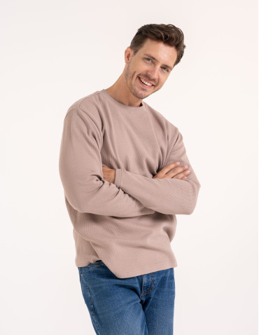 Koszulki z długim rękawem - Męski longsleeve bawełniany 100% z długim rękawem o waflowej strukturze BEŻOWY - produkt 3