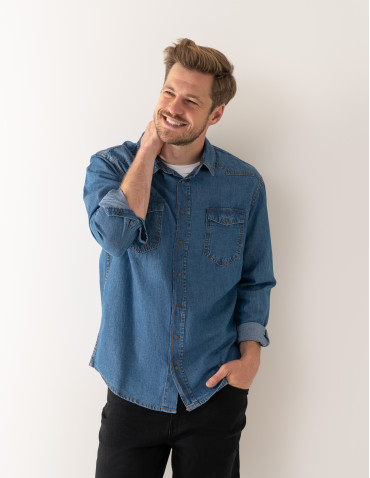 Koszula męska jeansowa denim klasyczna - NIEBIESKI