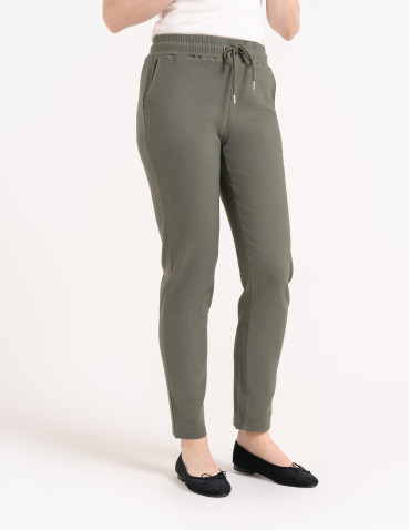 Spodnie damskie - Spodnie damskie joggery elastyczne z wiązaniem KHAKI - produkt 88