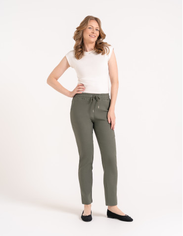 Spodnie damskie - Spodnie damskie joggery elastyczne z wiązaniem KHAKI - produkt 85