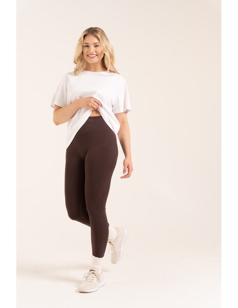 Legginsy z wysokim stanem - Leginsy damskie bezszwowe z wysokim stanem prążkowane getry kryjące sportowe BRĄZOWY - produkt moraj.pl 5