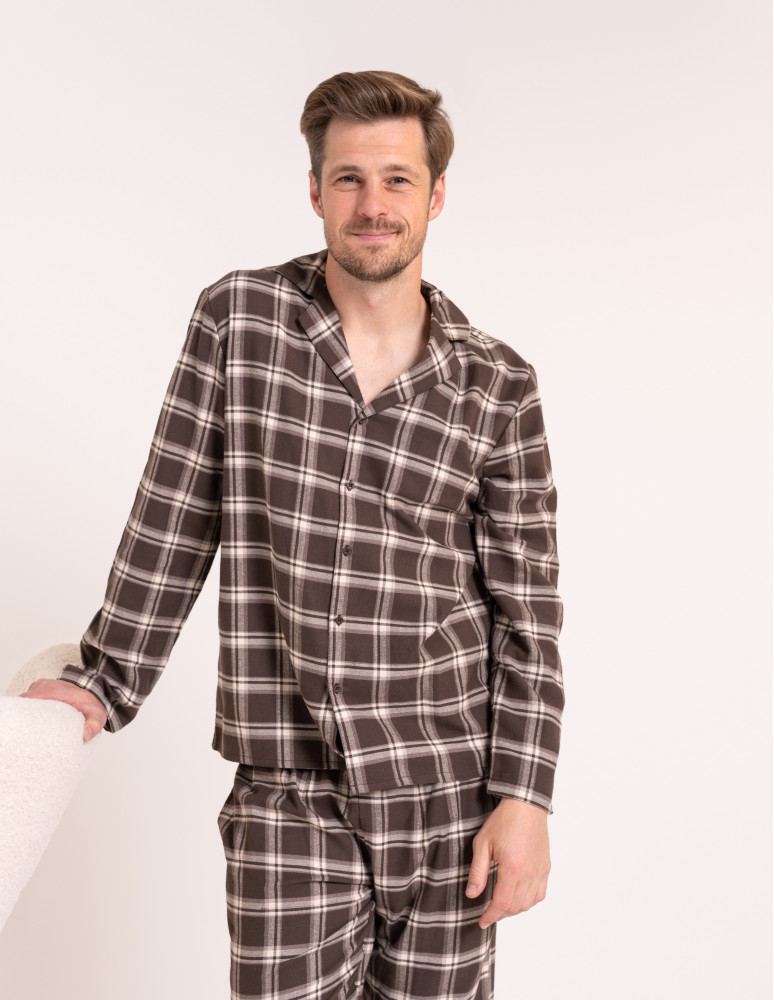 Piżamy z długim rękawem - Piżama męska 100% bawełniana flanelowa w kratę rozpinana na guziki BRĄZOWY - produkt moraj.pl 4