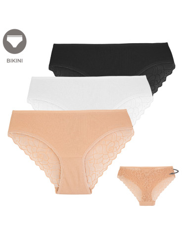 Figi damskie bikini bawełniane z koronką majtki gładkie z koronkowym tyłem 3-pak - WIELOKOLOROWY