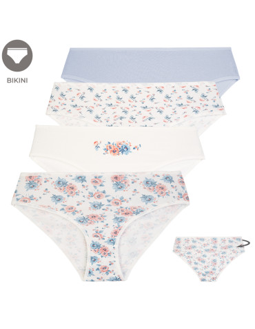 Wygodne majtki damskie bikini bawełniane prążkowane figi w kwiatowe wzory 4-pak