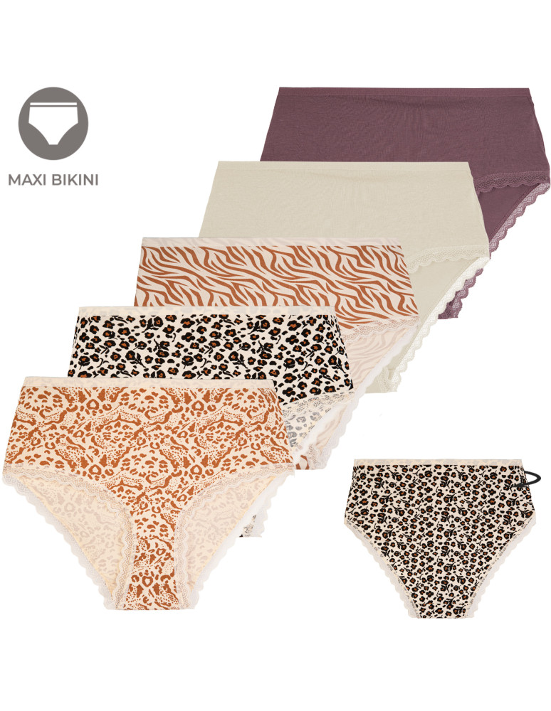 Majtki z wysokim stanem - Figi damskie maxi bikini bawełniane wzorzyste majtki z koronką i wyższym stanem 5-pak WIELOKOLOROWY - produkt moraj.pl 1