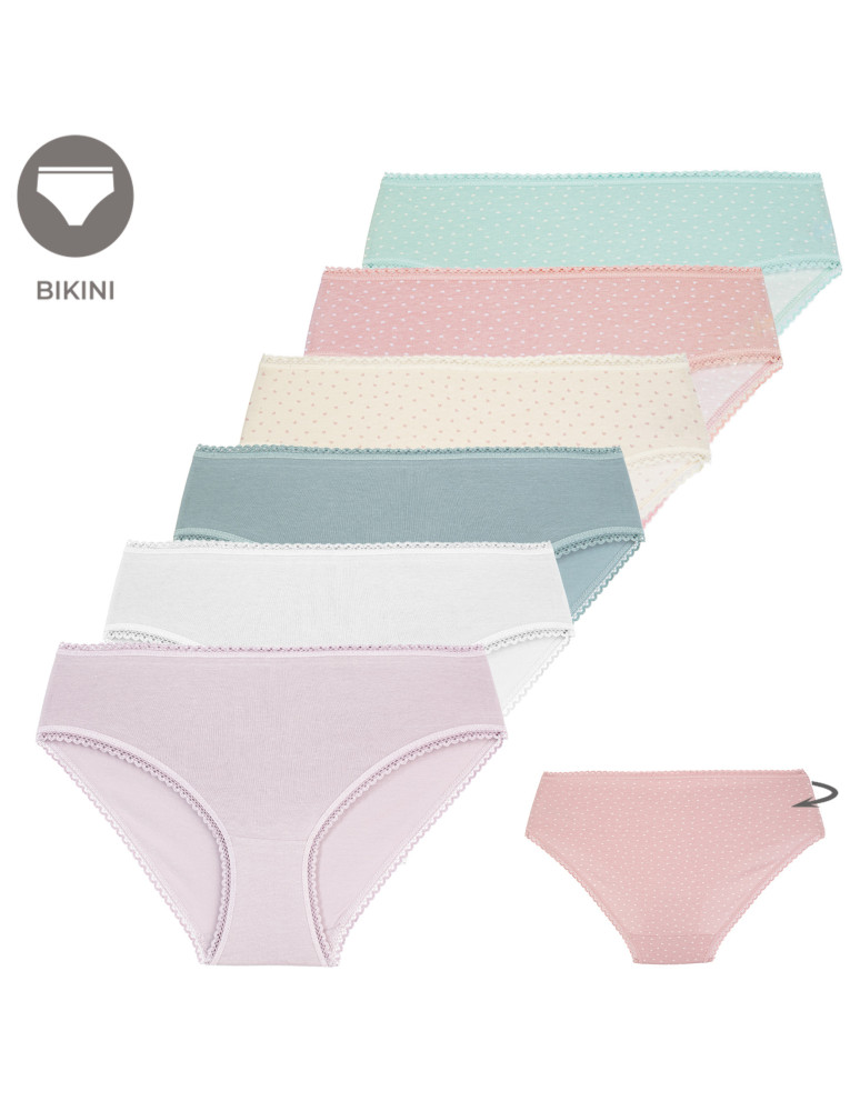 Majtki figi - Figi damskie bikini bawełniane w drobne serduszka i gładkie bez wzoru 6-pak WIELOKOLOROWY - produkt moraj.pl 1