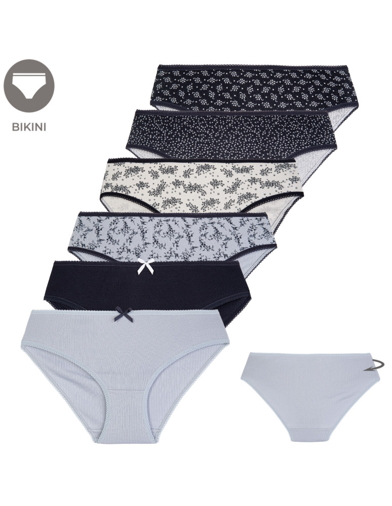 Wygodne figi damskie bikini bawełniane gładkie i wzorzyste w kwiatki zestaw 6-pak WIELOKOLOROWY
