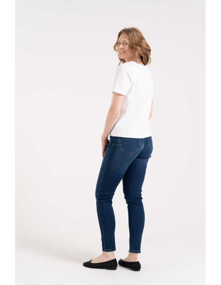 Jeansy - Wygodne jeansy damskie Slim Fit elastyczne skinny dopasowane CIEMNY NIEBIESKI - produkt moraj.pl 5