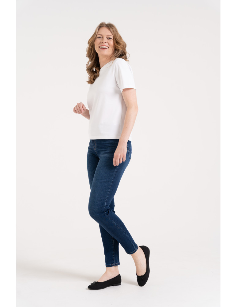 Jeansy - Wygodne jeansy damskie Slim Fit elastyczne skinny dopasowane CIEMNY NIEBIESKI - produkt moraj.pl 6