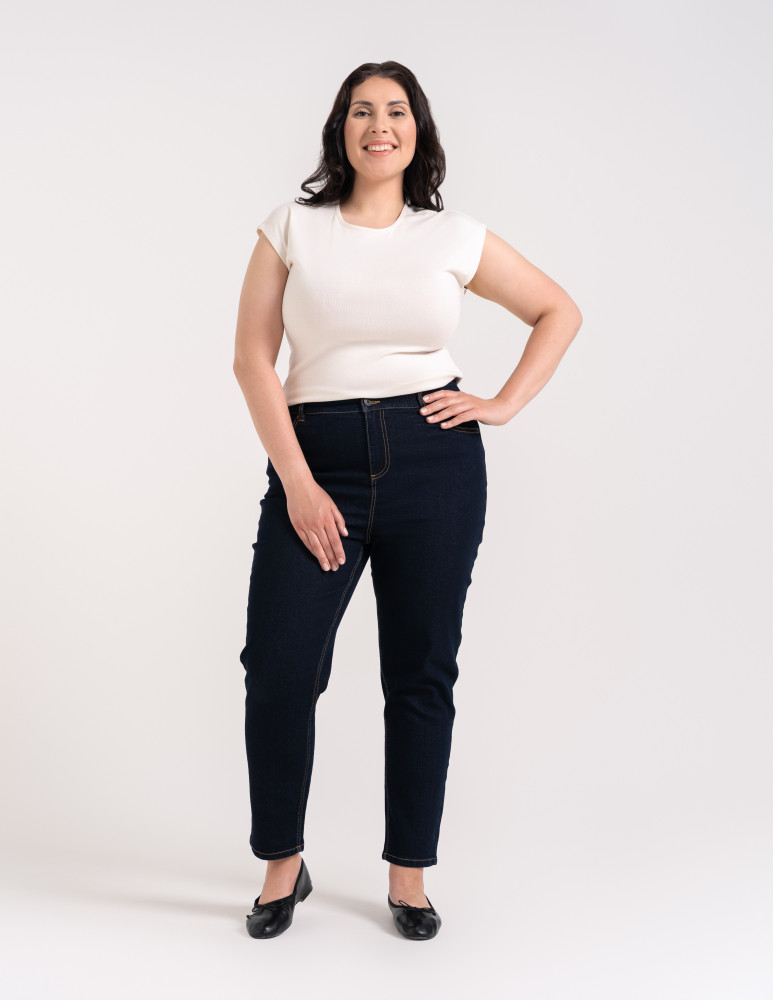 Spodnie jeansowe damskie Mom Slim z wysokim stanem GRANATOWY