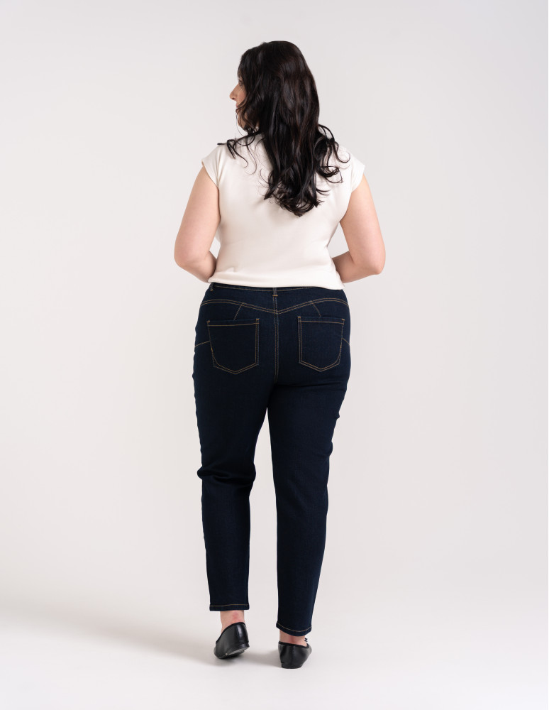 Nowości - Spodnie jeansowe damskie Mom Slim z wysokim stanem GRANATOWY - produkt moraj.pl 8