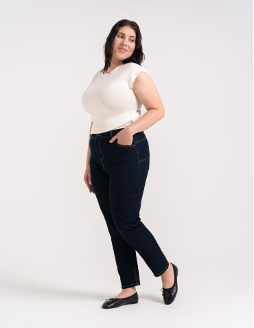 Nowości - Spodnie jeansowe damskie Mom Slim z wysokim stanem GRANATOWY - produkt 3