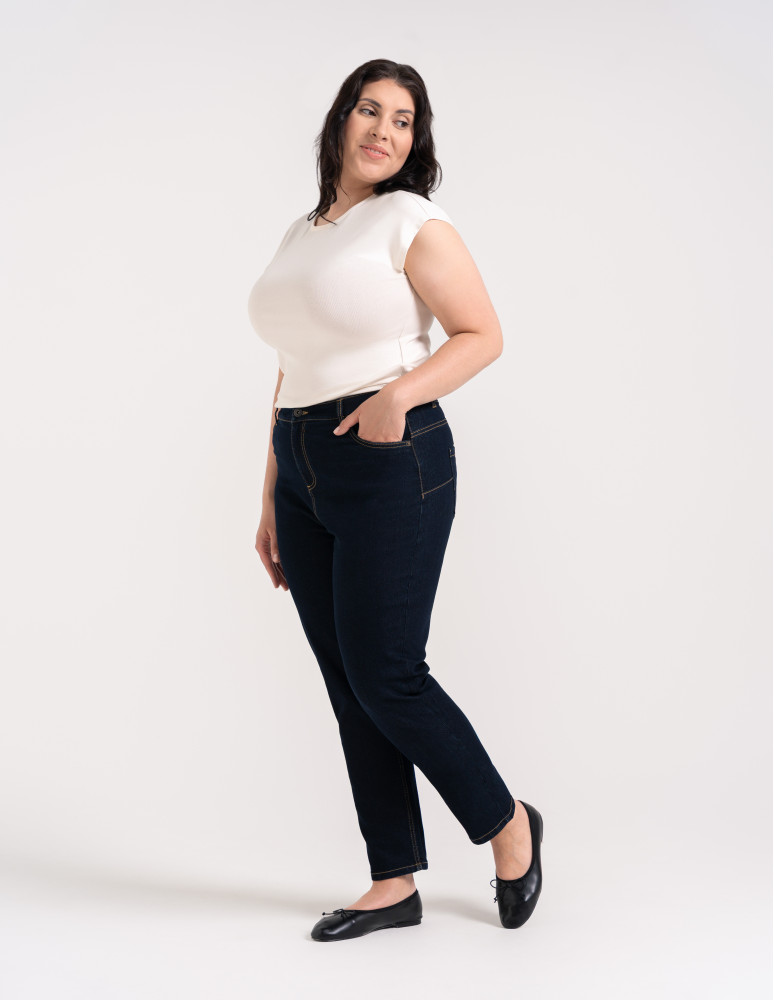 Nowości - Spodnie jeansowe damskie Mom Slim z wysokim stanem GRANATOWY - produkt moraj.pl 3