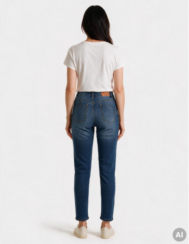 Spodnie jeansowe damskie Mom Slim z wysokim stanem - NIEBIESKI - produkt 2