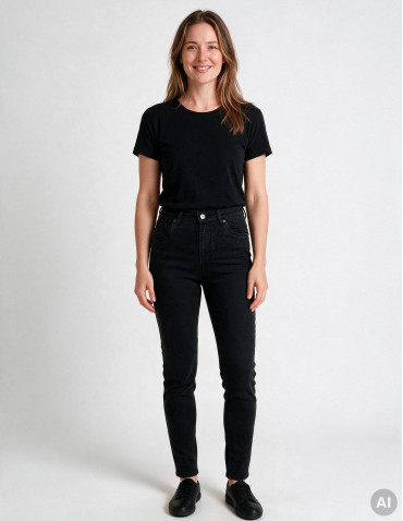 Jeansy - Spodnie jeansowe damskie Mom Slim z wysokim stanem CZARNY - produkt 1