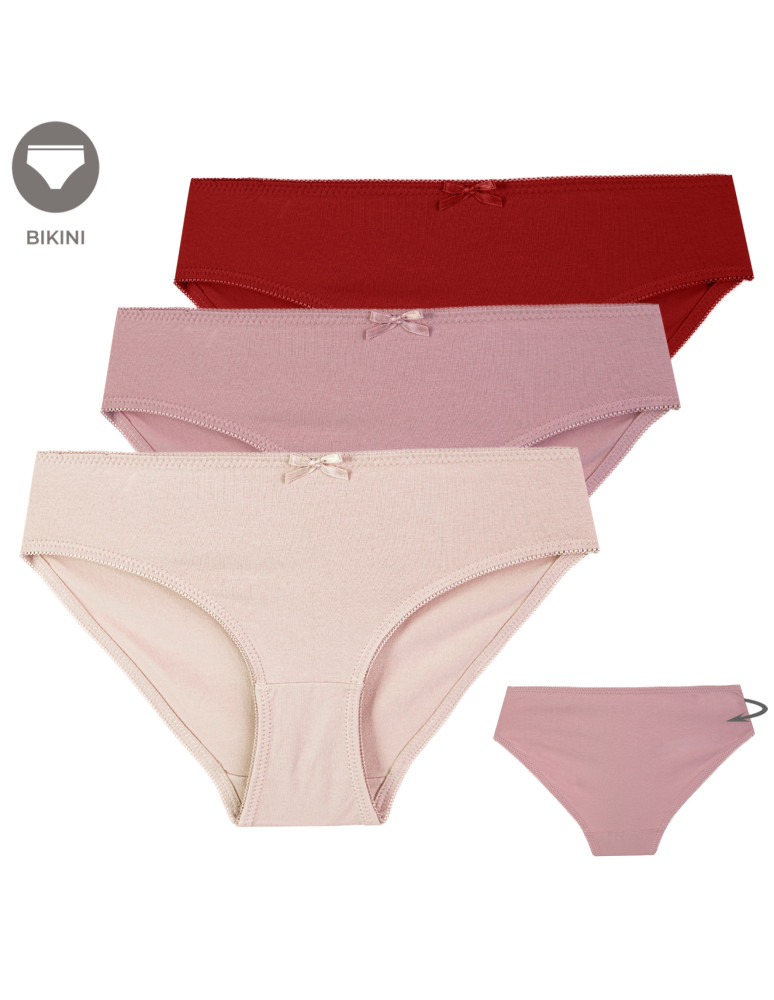 Majtki figi - Figi damskie bikini bawełniane gładkie z kokardką zestaw 3-pak WIELOKOLOROWY - produkt moraj.pl 1