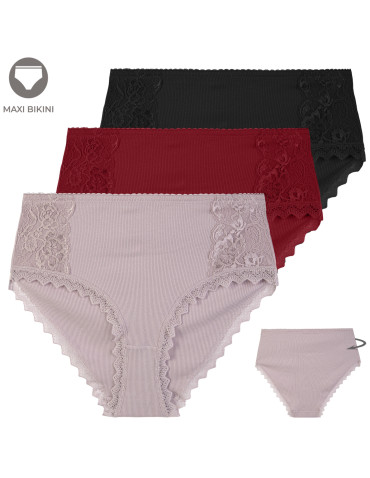 Figi damskie maxi bikini prążkowane majtki z wysokim stanem z koronkową wstawką 3-pak