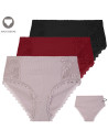 Figi damskie maxi bikini prążkowane majtki z wysokim stanem z koronkową wstawką 3-pak WIELOKOLOROWY